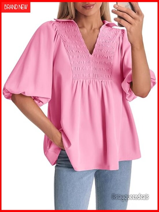 Tops - Smocked V Neck Babydoll Peplum Blouse Puff Sleeve Loose Fit Top